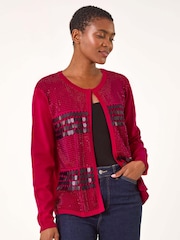 Roman Red Sequin Embellished Knit Cardigan - Image 1 of 6