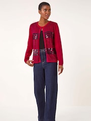 Roman Red Sequin Embellished Knit Cardigan - Image 3 of 6
