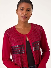 Roman Red Sequin Embellished Knit Cardigan - Image 5 of 6