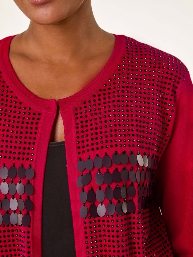 Roman Red Sequin Embellished Knit Cardigan - Image 6 of 6