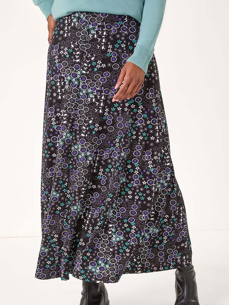 Roman Blue Ditsy Floral Print Stretch Midi Skirt - Image 1 of 5