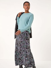 Roman Blue Ditsy Floral Print Stretch Midi Skirt - Image 3 of 5