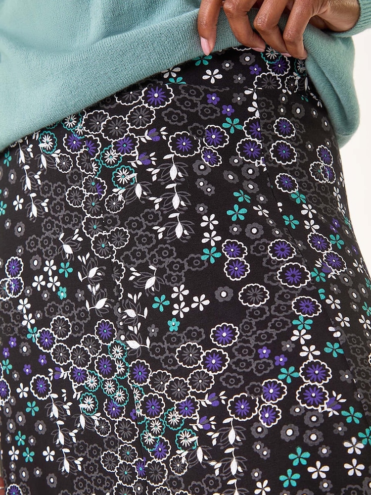 Roman Blue Ditsy Floral Print Stretch Midi Skirt - Image 5 of 5