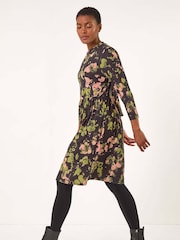 Roman Pink/Black Floral Print Ribbed Gathered Waist Dress - Image 1 of 5