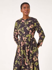 Roman Pink/Black Floral Print Ribbed Gathered Waist Dress - Image 2 of 5