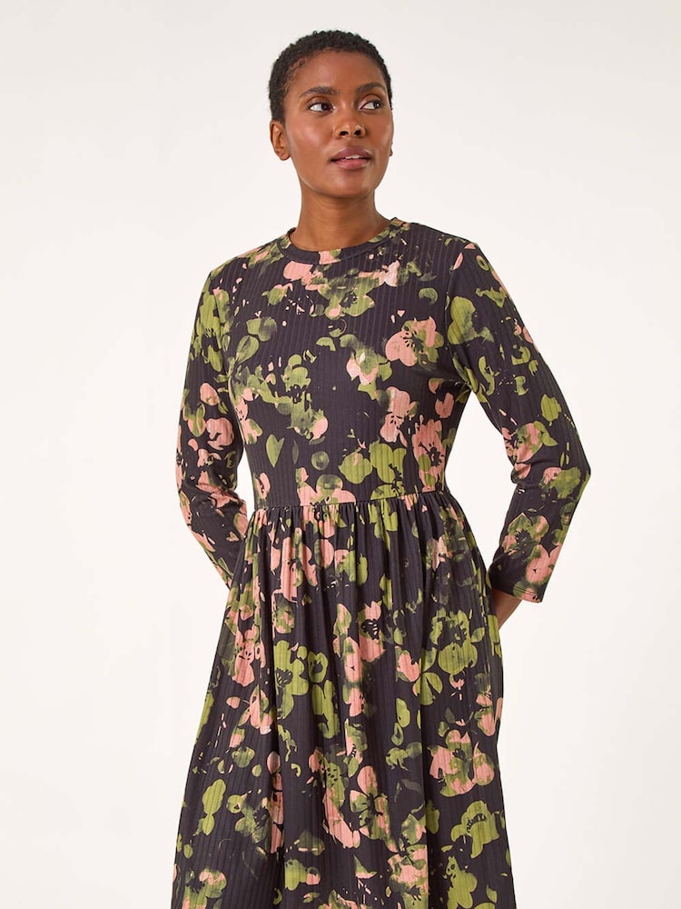 Roman Pink/Black Floral Print Ribbed Gathered Waist Dress - Image 2 of 5