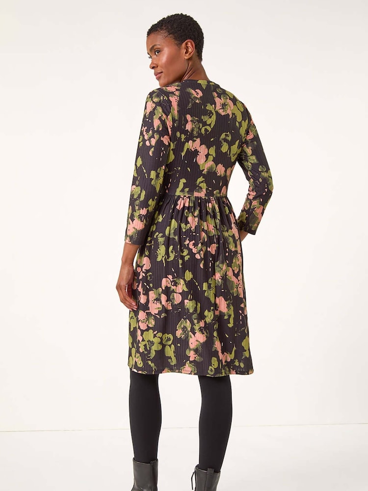Roman Pink/Black Floral Print Ribbed Gathered Waist Dress - Image 3 of 5