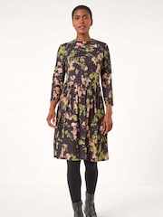Roman Pink/Black Floral Print Ribbed Gathered Waist Dress - Image 4 of 5
