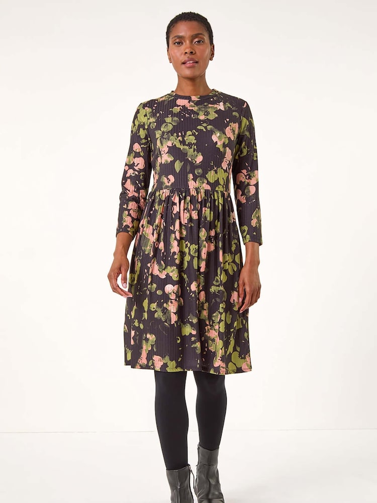 Roman Pink/Black Floral Print Ribbed Gathered Waist Dress - Image 4 of 5