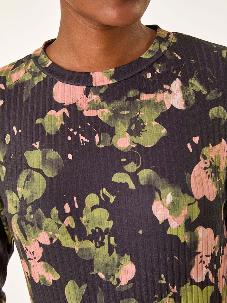 Roman Pink/Black Floral Print Ribbed Gathered Waist Dress - Image 5 of 5