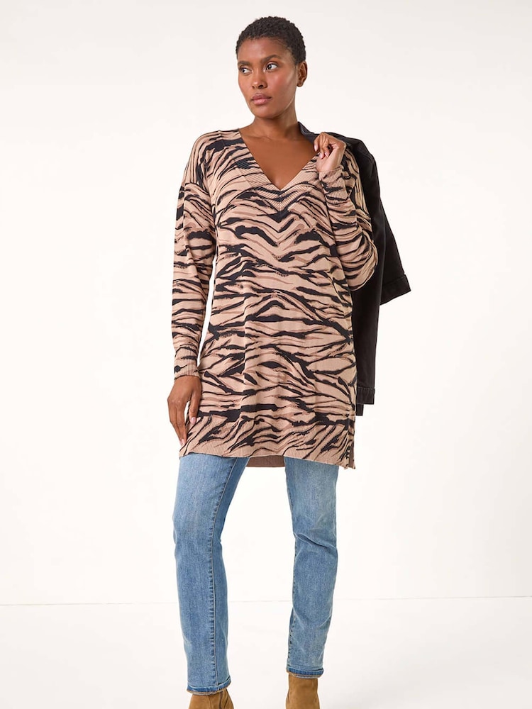 Roman Brown Animal Print V-Neck Jumper - Image 2 of 5