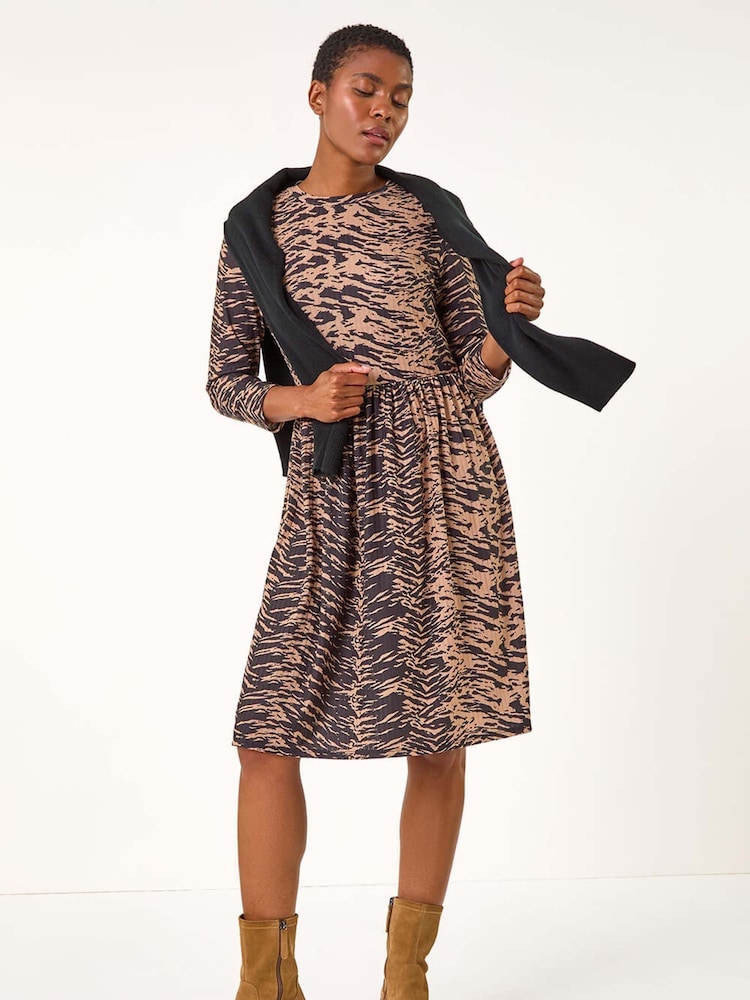 Roman Brown Animal Print Ribbed Gathered Waist Dress - Image 1 of 6