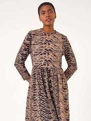Roman Brown Animal Print Ribbed Gathered Waist Dress - Image 3 of 6