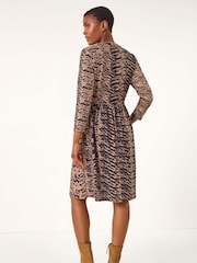 Roman Brown Animal Print Ribbed Gathered Waist Dress - Image 4 of 6