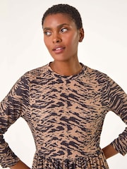 Roman Brown Animal Print Ribbed Gathered Waist Dress - Image 5 of 6
