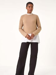 Roman Natural Frill Neck Contrast Jersey Top - Image 2 of 5
