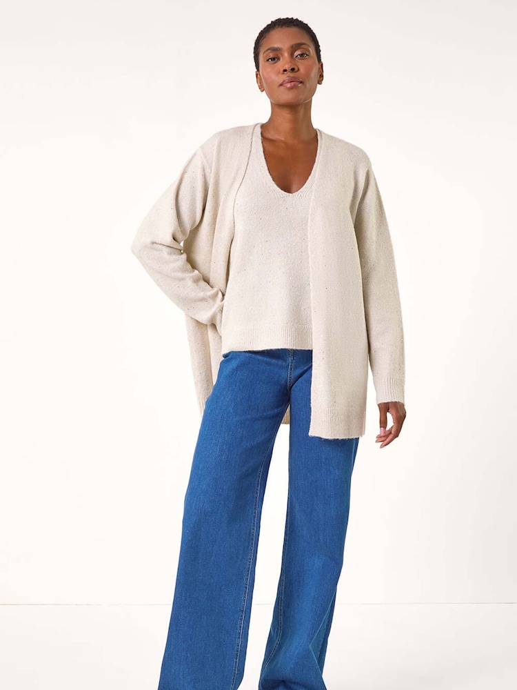 Roman Natural Sequin Embellished Knit Cardigan - Image 2 of 5