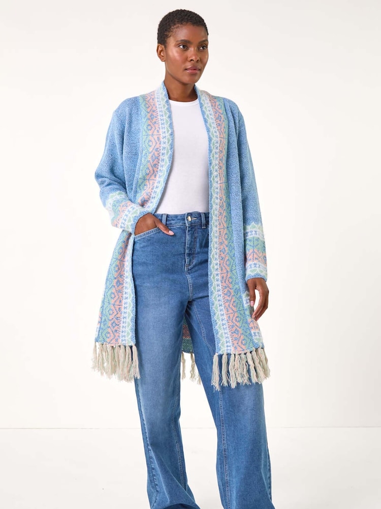 Roman Blue Patterened Fringe Cardigan - Image 1 of 5