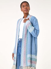 Roman Blue Patterened Fringe Cardigan - Image 4 of 5
