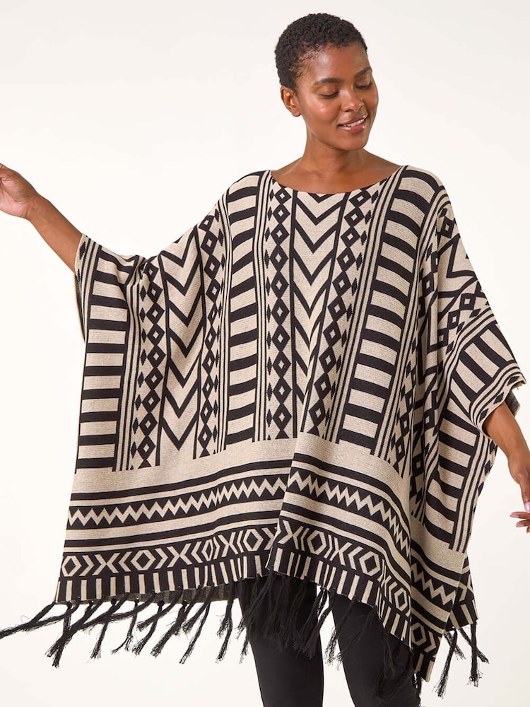 Roman Black Pattern Fringe Poncho Jumper - Image 1 of 5