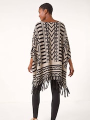Roman Black Pattern Fringe Poncho Jumper - Image 3 of 5