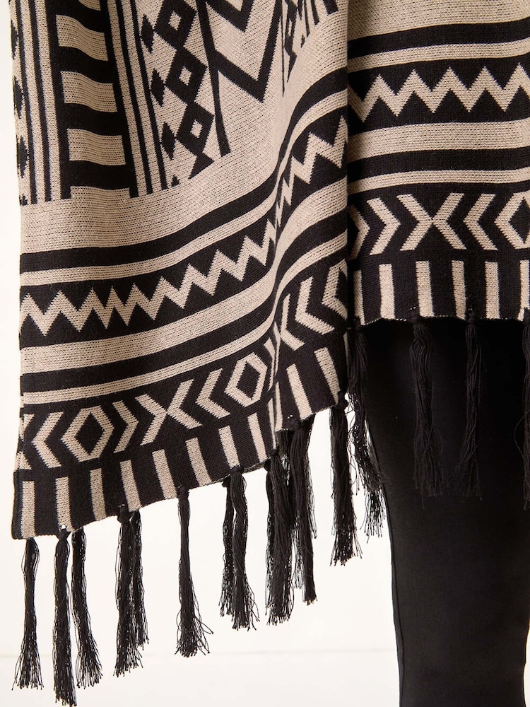 Roman Black Pattern Fringe Poncho Jumper - Image 5 of 5