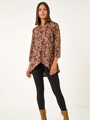 Roman Brown Stretch Floral Print Wrap Tunic - Image 2 of 5