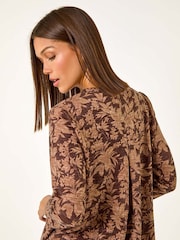 Roman Brown Stretch Floral Print Wrap Tunic - Image 5 of 5