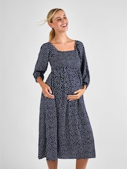 JoJo Maman Bébé Navy Spot Print Shirred Maternity Midi Dress - Image 1 of 4