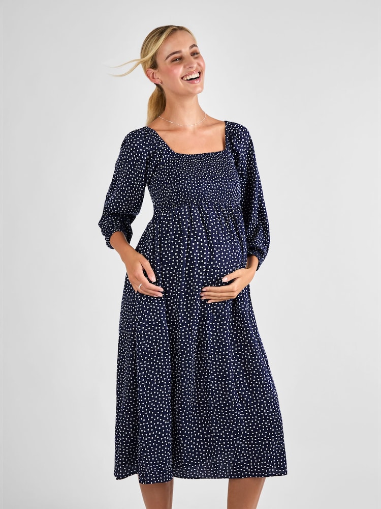JoJo Maman Bébé Navy Spot Print Shirred Maternity Midi Dress - Image 1 of 4