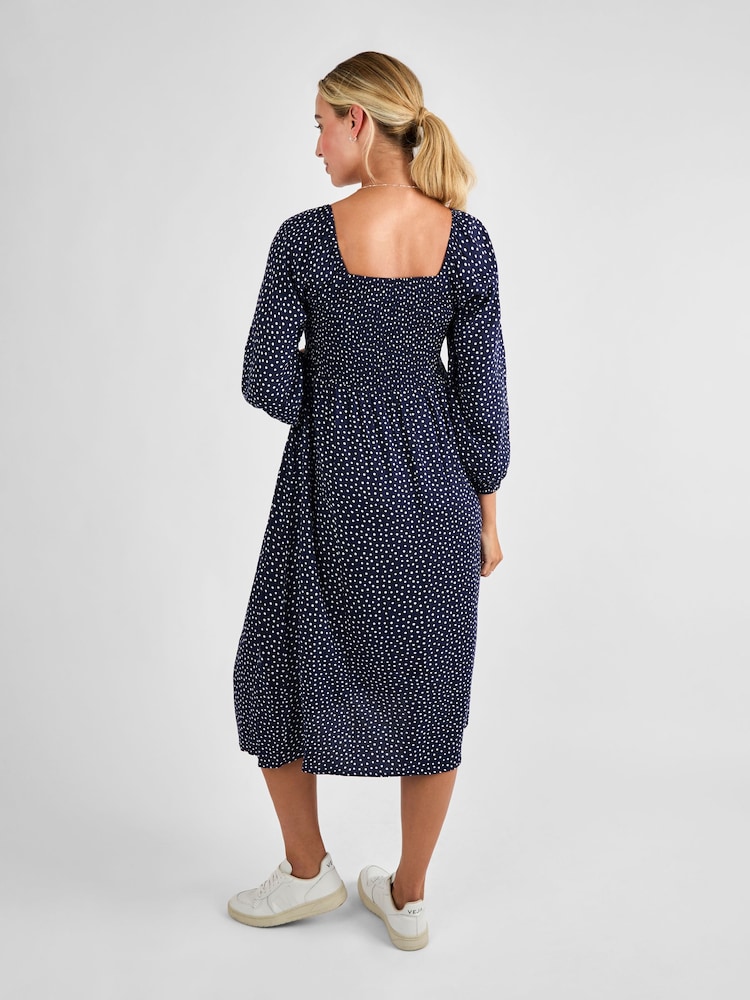 JoJo Maman Bébé Navy Spot Print Shirred Maternity Midi Dress - Image 2 of 4