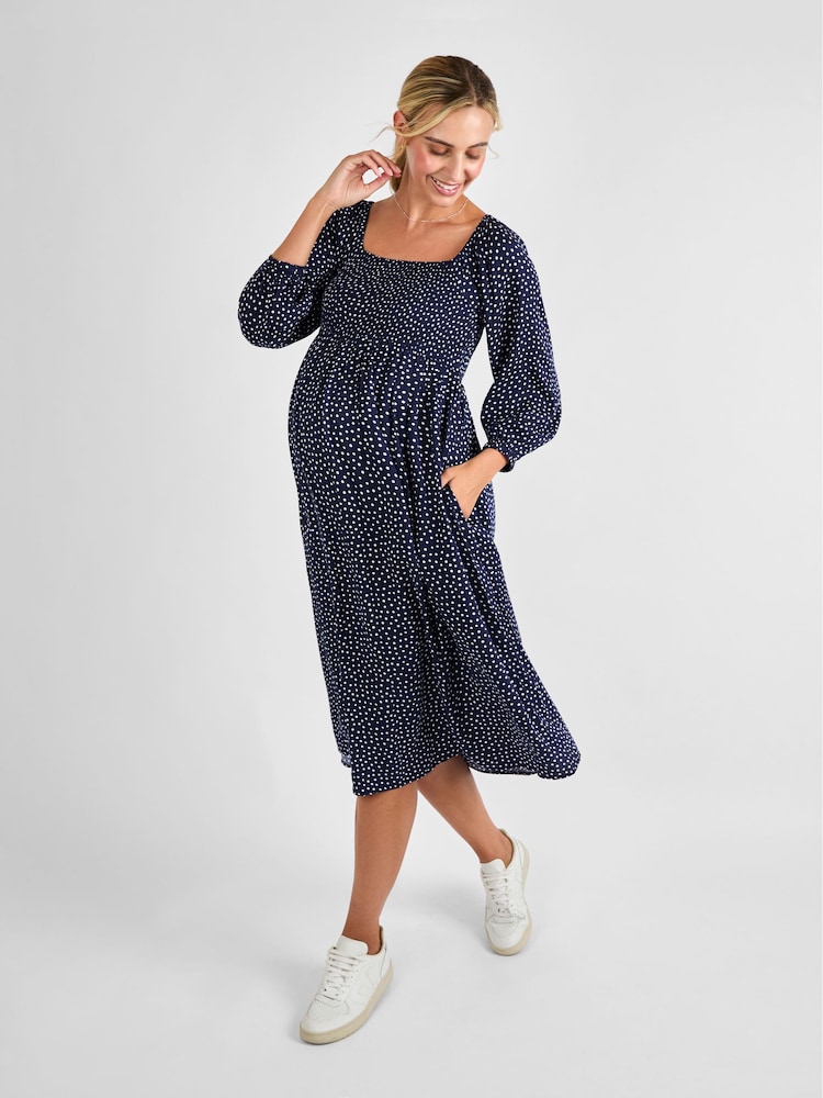 long sleeve shirred midi dress Dark Blue Denim Shirred Tiered Lilly Midi Dress