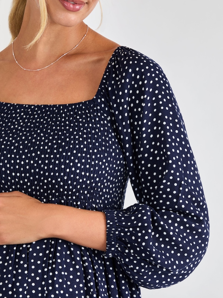 JoJo Maman Bébé Navy Spot Print Shirred Maternity Midi Dress - Image 4 of 4