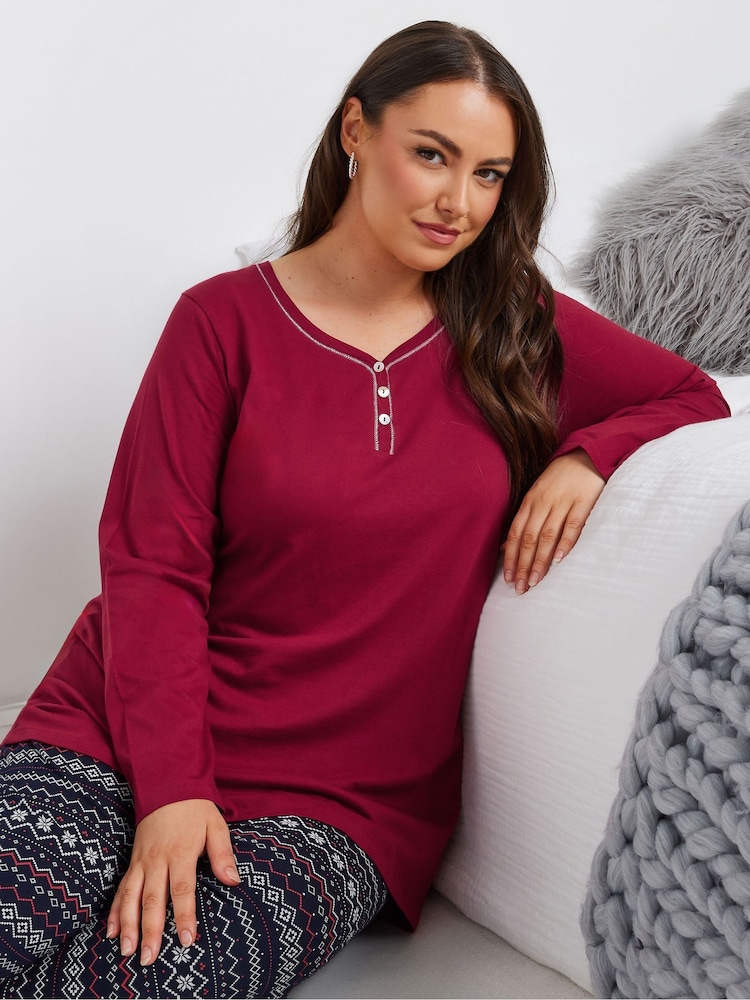 Yours Curve Red Placket Long Sleeve 100% Cotton Pyjamas Top - Image 1 of 6