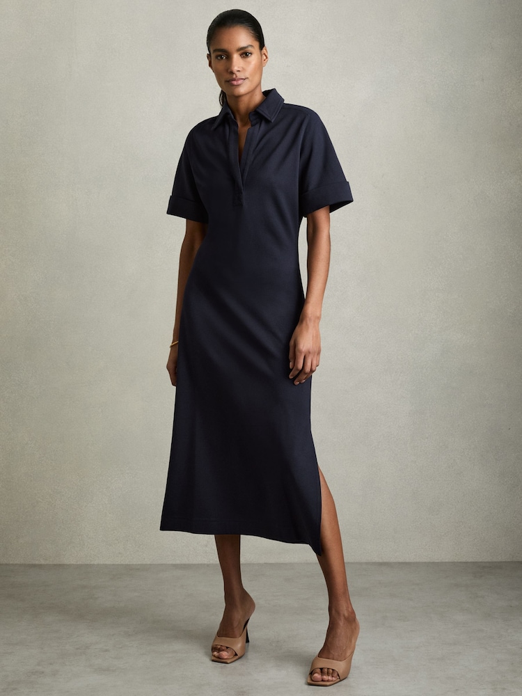 Reiss Navy Astrid Jersey Open-Collar Bodycon Dress - Image 1 of 6