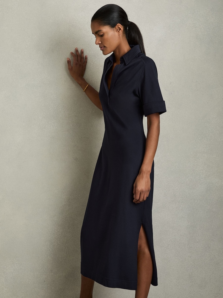 marine - Reiss Astrid Jersey Open-Collar Bodycon Dress - Image 3 of 6