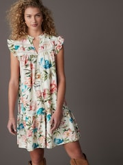 Cream/Blue/Pink Vintage Floral Print Boho - Frill Detail Lace Insert Mini Dress with Linen - Imagen 1 de 4