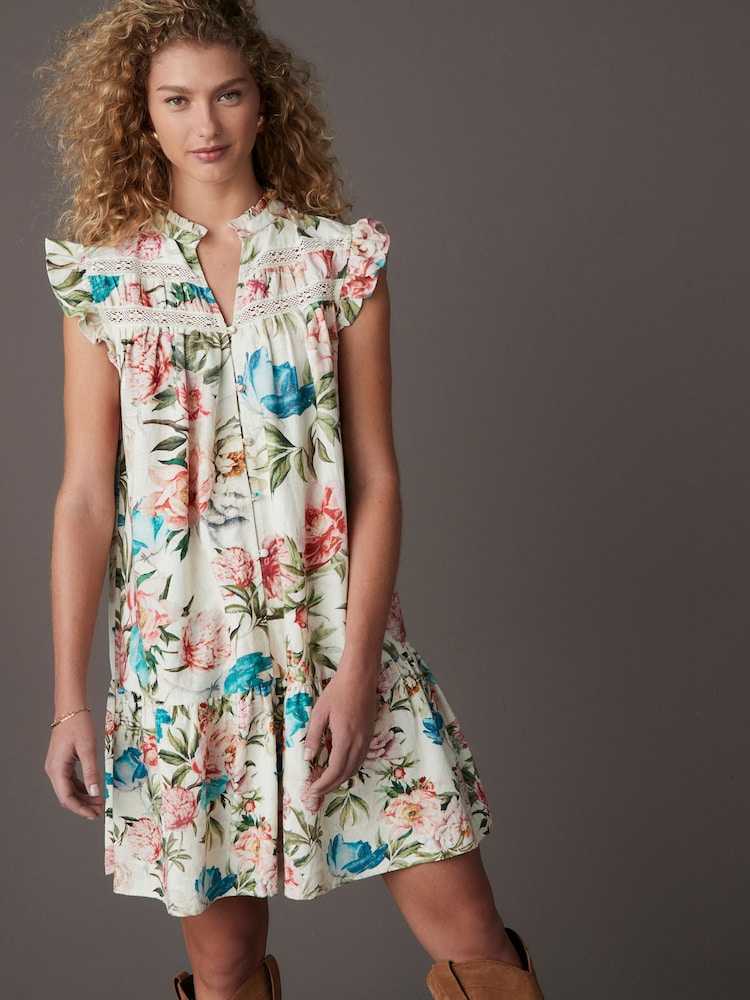 Cream/Blue/Pink Vintage Floral Print Boho - Frill Detail Lace Insert Mini Dress with Linen - Imagen 1 de 4