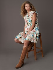 Cream/Blue/Pink Vintage Floral Print Boho - Frill Detail Lace Insert Mini Dress with Linen - Imagen 2 de 4