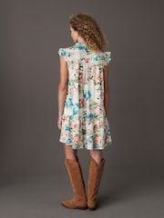 Cream/Blue/Pink Vintage Floral Print Boho - Frill Detail Lace Insert Mini Dress with Linen - Imagen 3 de 4