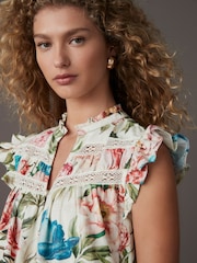 Cream/Blue/Pink Vintage Floral Print Boho - Frill Detail Lace Insert Mini Dress with Linen - Imagen 4 de 4