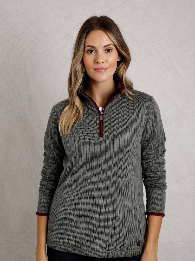 Weird Fish Green Weird Fish Lilie Quarter Zip Herringbone Sweat Top - Image 1 of 6