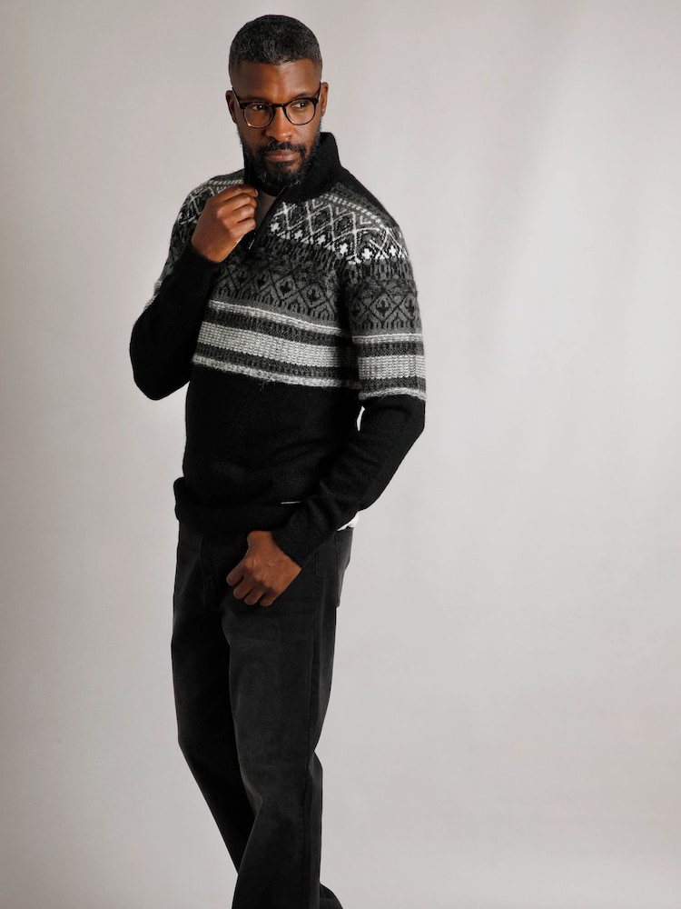 Weird Fish Black Weird Fish Yarmouth Eco 1/4 Zip Fairisle Jumper - Image 1 of 1 Weird Fish Black Weird Fish Yarmouth Eco 1/4 Zip Fairisle Jumper - Image 1 of 1