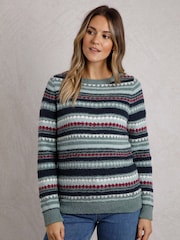 Weird Fish Green 100% Cotton Tyla Cosy Patterned Knit Jumper - Image 1 of 6