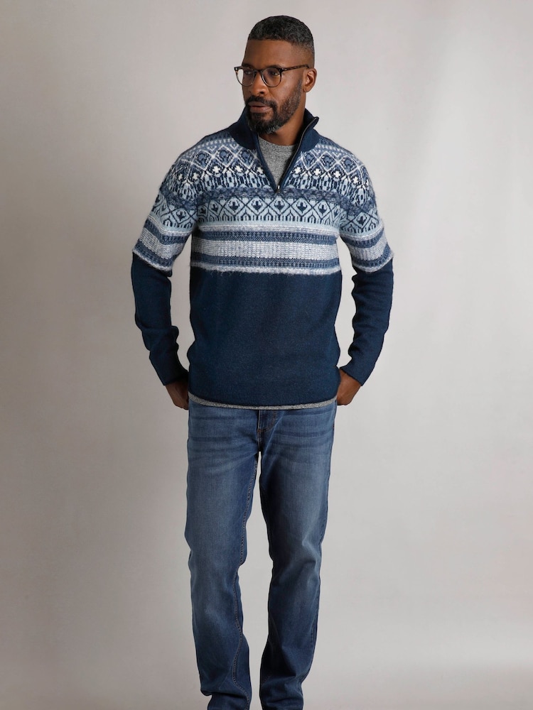 Weird Fish Blue Weird Fish Yarmouth Eco 1/4 Zip Fairisle Jumper - Image 1 of 7 Weird Fish Blue Weird Fish Yarmouth Eco 1/4 Zip Fairisle Jumper - Image 1 of 7
