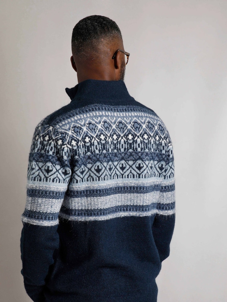 Weird Fish Blue Weird Fish Yarmouth Eco 1/4 Zip Fairisle Jumper - Image 2 of 7 Weird Fish Blue Weird Fish Yarmouth Eco 1/4 Zip Fairisle Jumper - Image 2 of 7