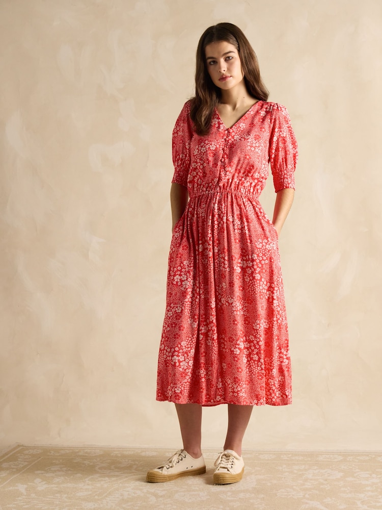 Rot - Joules Adele V-Neck Elbow Length Sleeve Midi Dress - Bild 1 von 6 Rot - Joules Adele V-Neck Elbow Length Sleeve Midi Dress - Bild 1 von 6