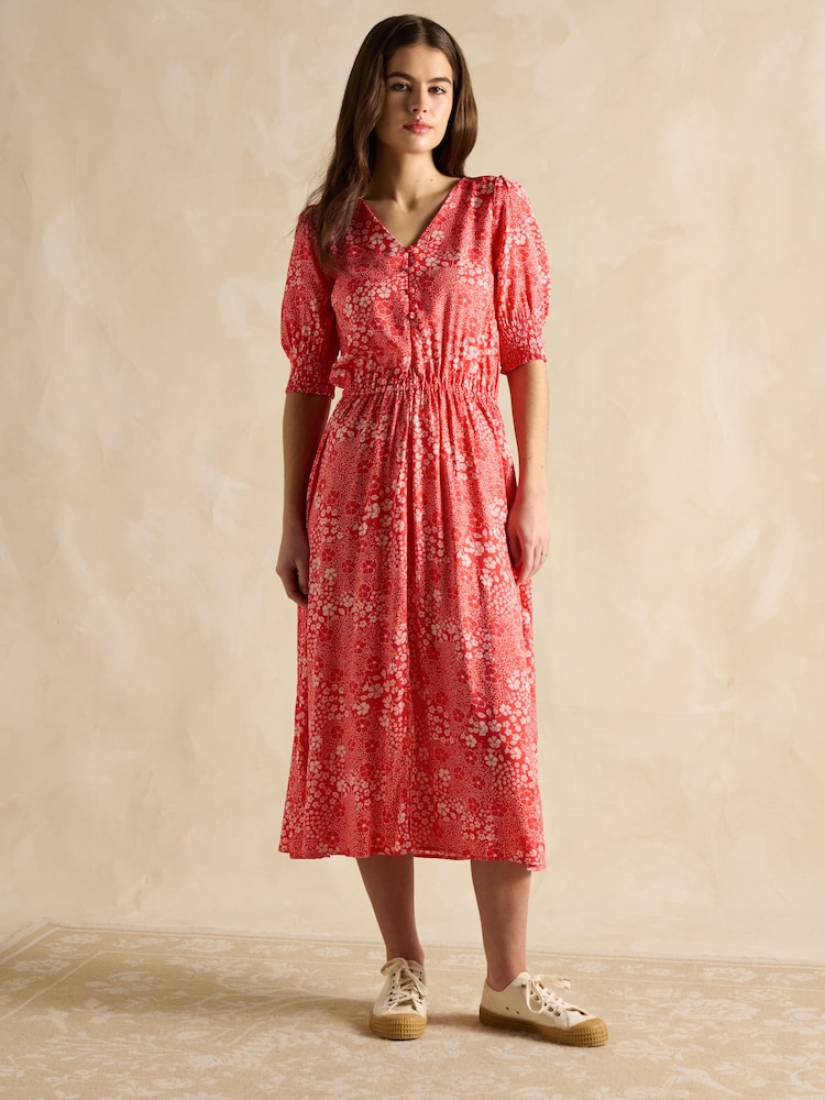 Rood - Joules Adele V-Neck Elbow Length Sleeve Midi Dress - Image 3 of 6
