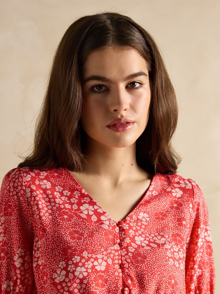 Rood - Joules Adele V-Neck Elbow Length Sleeve Midi Dress - Image 5 of 6