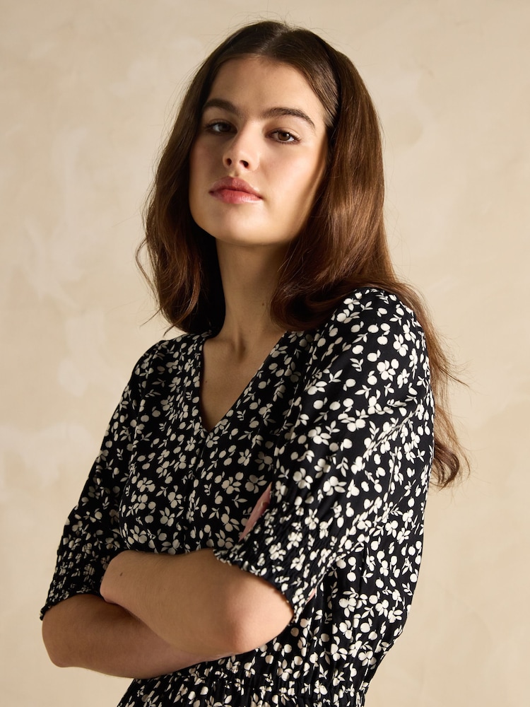 Joules Adele Black V-Neck Elbow Length Sleeve Midi Dress - Image 5 of 6